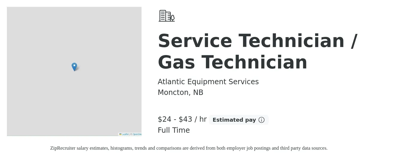 Atlantic Equipment Services job posting for a Service Technician / Gas Technician in Moncton, NB with a salary of $25 to $45 Hourly with a map of Moncton location.
