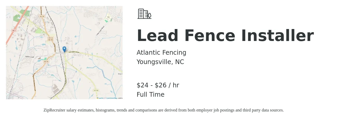 Atlantic Fencing job posting for a Lead Fence Installer in Youngsville, NC with a salary of $25 to $28 Hourly with a map of Youngsville location.