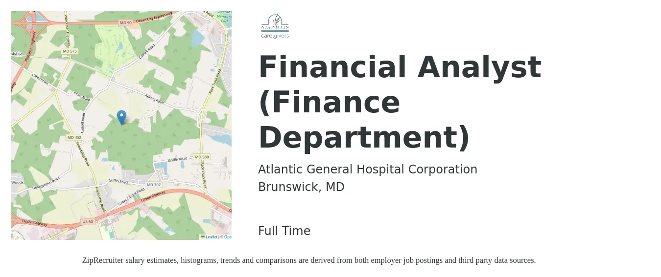Atlantic General Hospital Corporation job posting for a Financial Analyst (Finance Department) in Brunswick, MD with a salary of $66,300 to $104,700 Yearly with a map of Brunswick location.