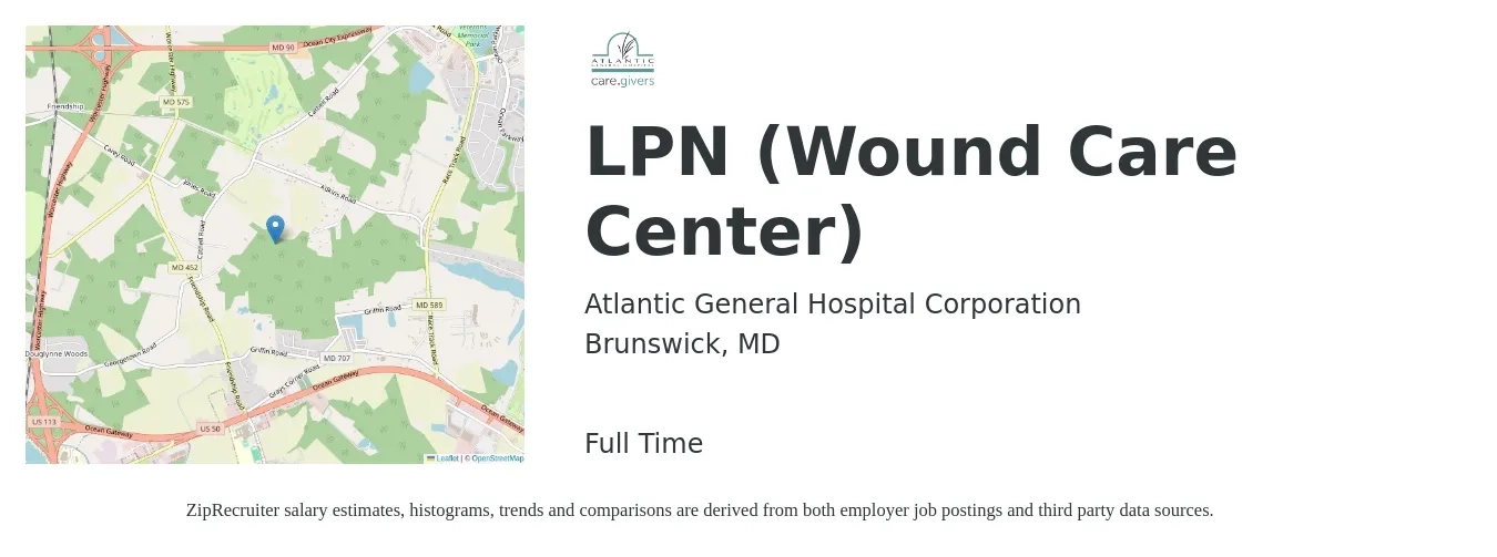 Atlantic General Hospital Corporation job posting for a LPN (Wound Care Center) in Brunswick, MD with a salary of $24 to $33 Hourly with a map of Brunswick location.