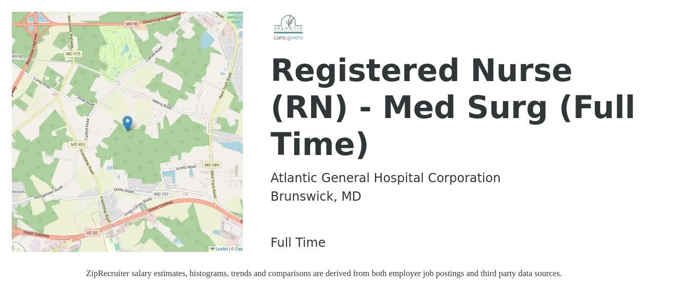 Atlantic General Hospital Corporation job posting for a Registered Nurse (RN) - Med Surg (Full Time) in Brunswick, MD with a salary of $1,830 to $2,580 Weekly with a map of Brunswick location.