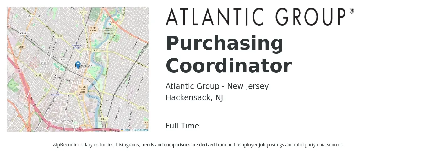Atlantic Group - New Jersey job posting for a Purchasing Coordinator in Hackensack, NJ with a salary of $23 to $31 Hourly with a map of Hackensack location.