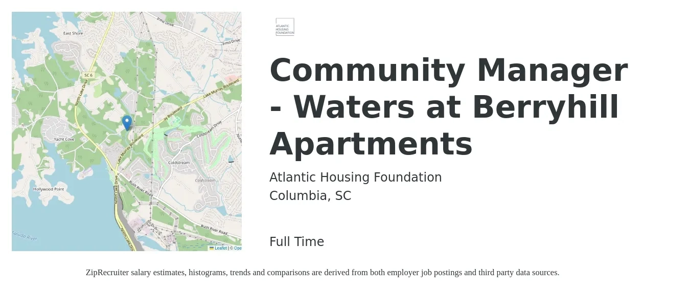 Atlantic Housing Foundation job posting for a Community Manager - Waters at Berryhill Apartments in Columbia, SC with a salary of $43,500 to $62,000 Yearly with a map of Columbia location.