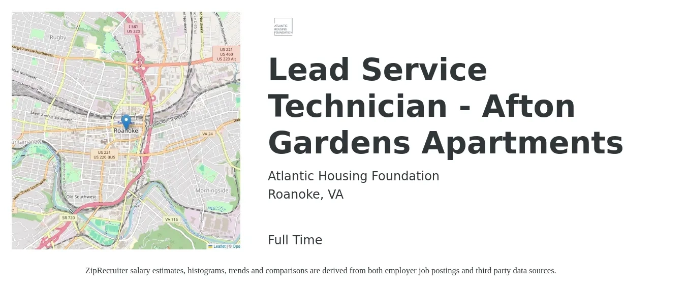 Atlantic Housing Foundation job posting for a Lead Service Technician - Afton Gardens Apartments in Roanoke, VA with a salary of $43,200 to $55,900 Yearly with a map of Roanoke location.