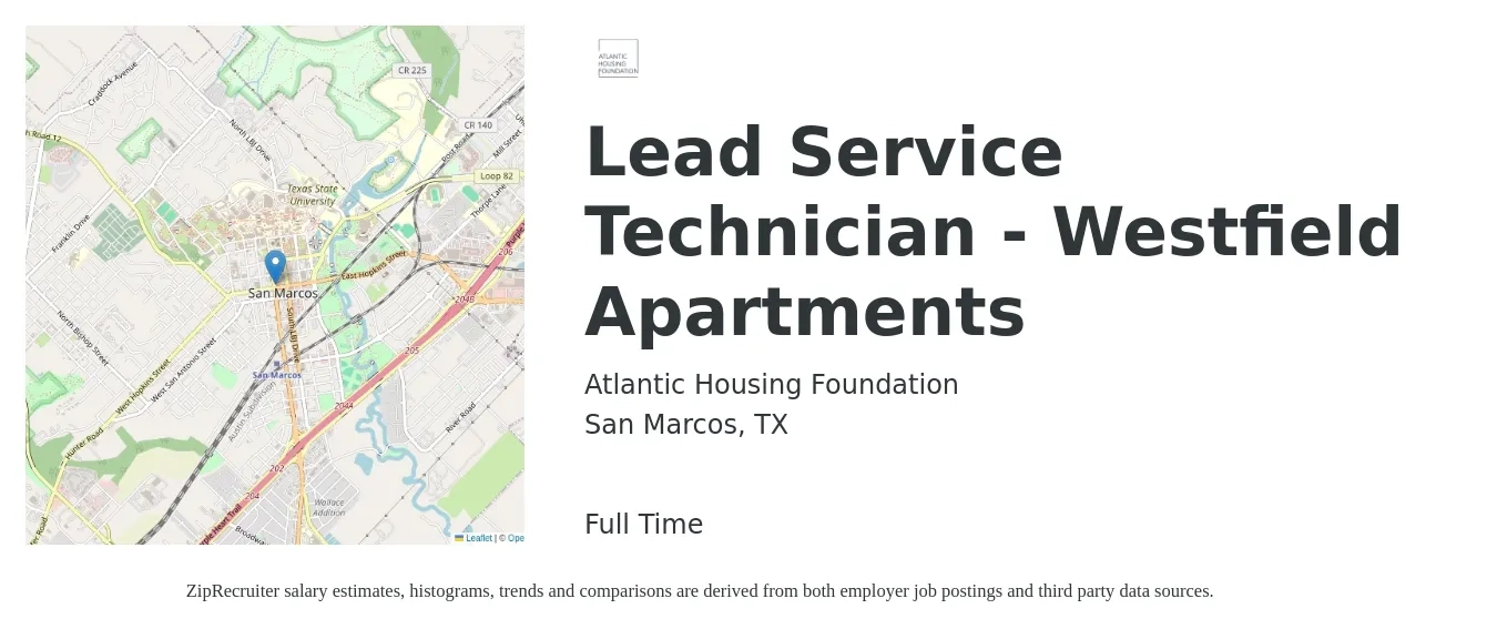 Atlantic Housing Foundation job posting for a Lead Service Technician - Westfield Apartments in San Marcos, TX with a salary of $39,800 to $51,600 Yearly with a map of San Marcos location.