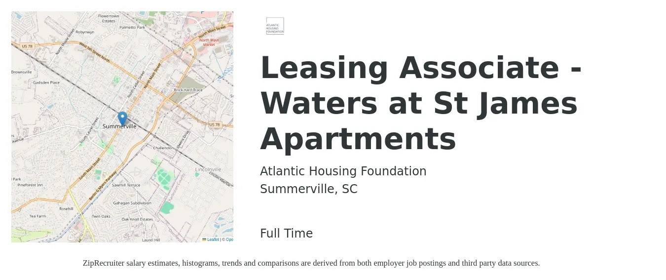 Atlantic Housing Foundation job posting for a Leasing Associate - Waters at St James Apartments in Summerville, SC with a salary of $15 to $20 Hourly with a map of Summerville location.