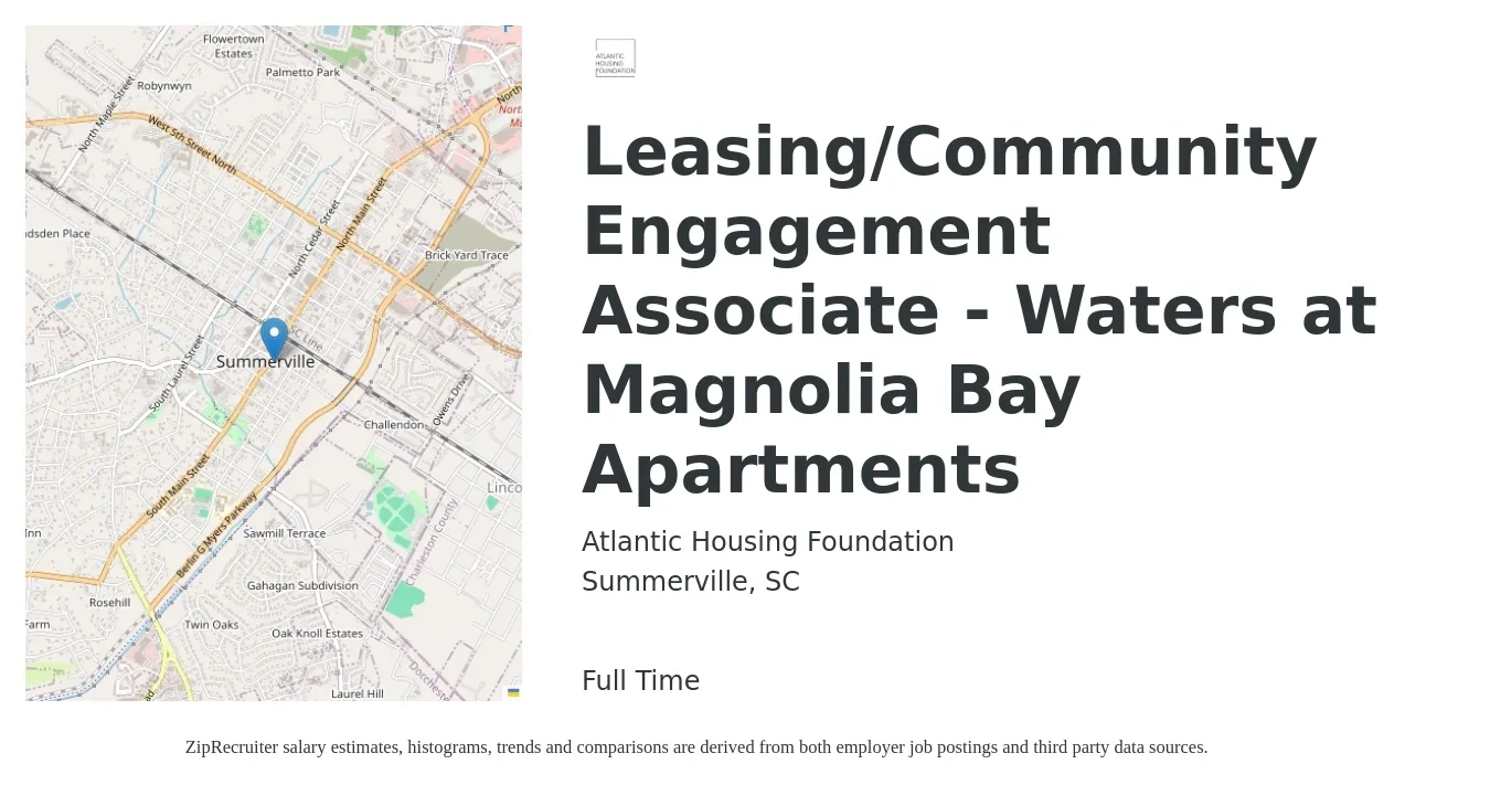Atlantic Housing Foundation job posting for a Leasing/Community Engagement Associate - Waters at Magnolia Bay Apartments in Summerville, SC with a salary of $15 to $20 Hourly with a map of Summerville location.