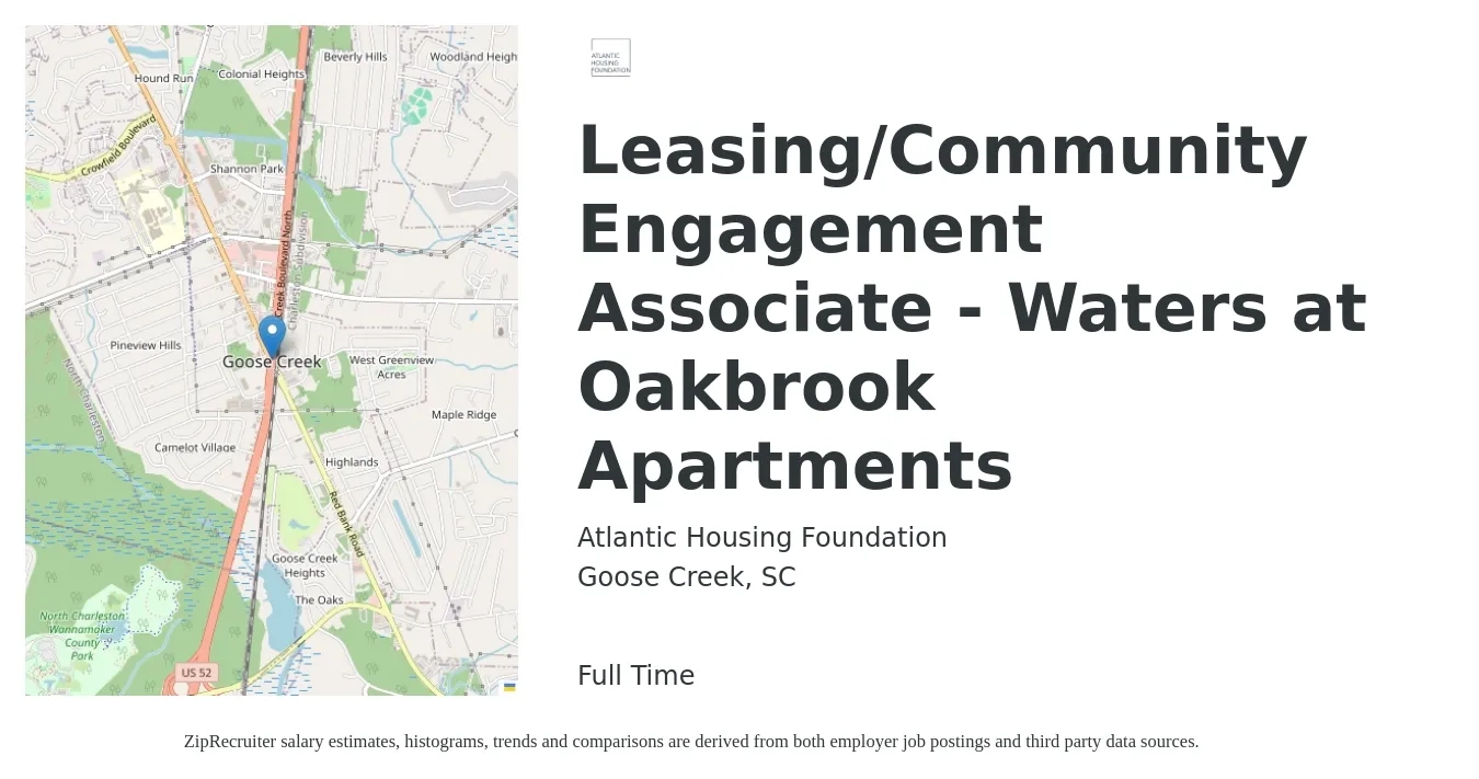 Atlantic Housing Foundation job posting for a Leasing/Community Engagement Associate - Waters at Oakbrook Apartments in Goose Creek, SC with a salary of $16 to $21 Hourly with a map of Goose Creek location.