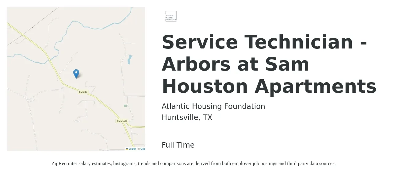 Atlantic Housing Foundation job posting for a Service Technician - Arbors at Sam Houston Apartments in Huntsville, TX with a salary of $21 to $28 Hourly with a map of Huntsville location.