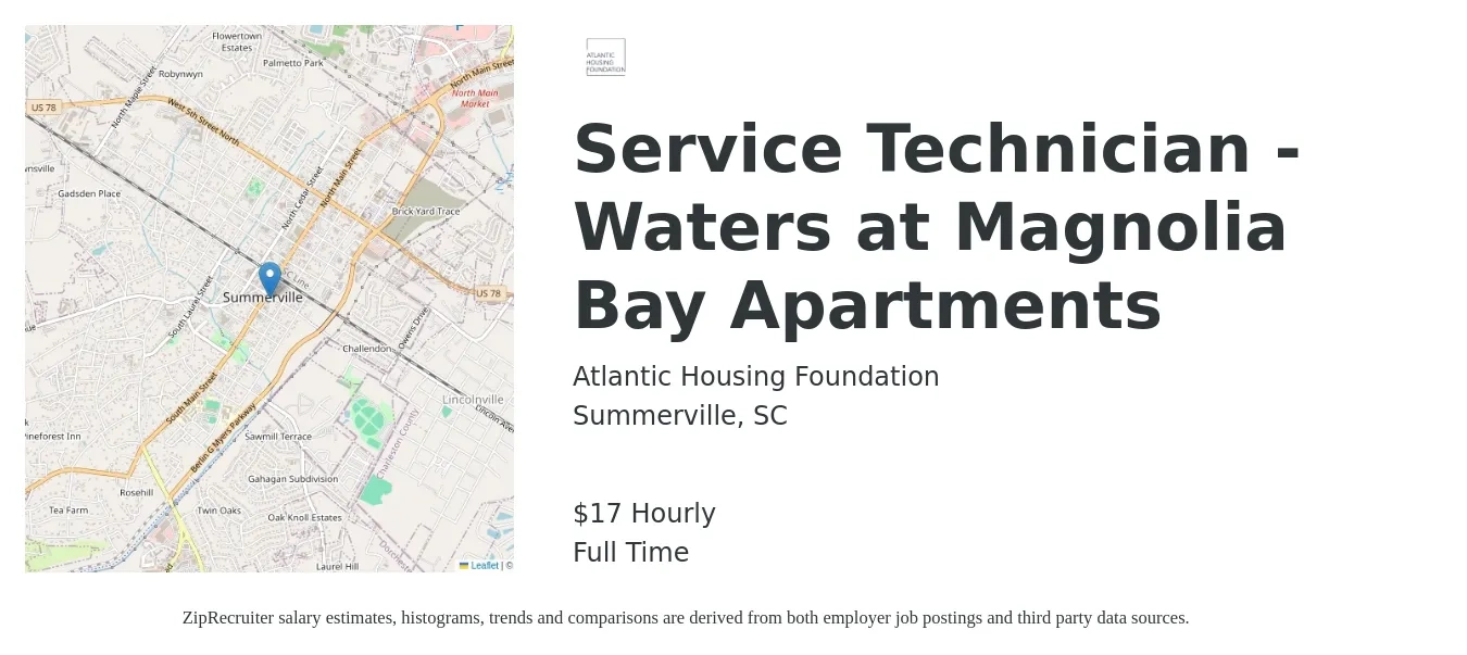 Atlantic Housing Foundation job posting for a Service Technician - Waters at Magnolia Bay Apartments in Summerville, SC with a salary of $18 Hourly with a map of Summerville location.