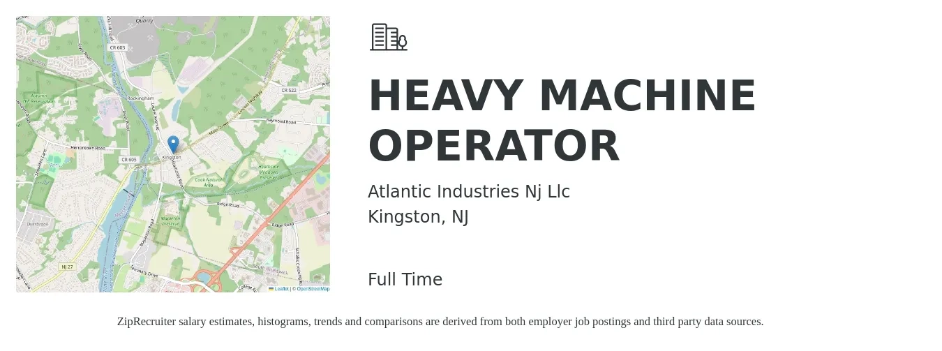Atlantic Industries Nj Llc job posting for a HEAVY MACHINE OPERATOR in Kingston, NJ with a salary of $22 to $30 Hourly with a map of Kingston location.