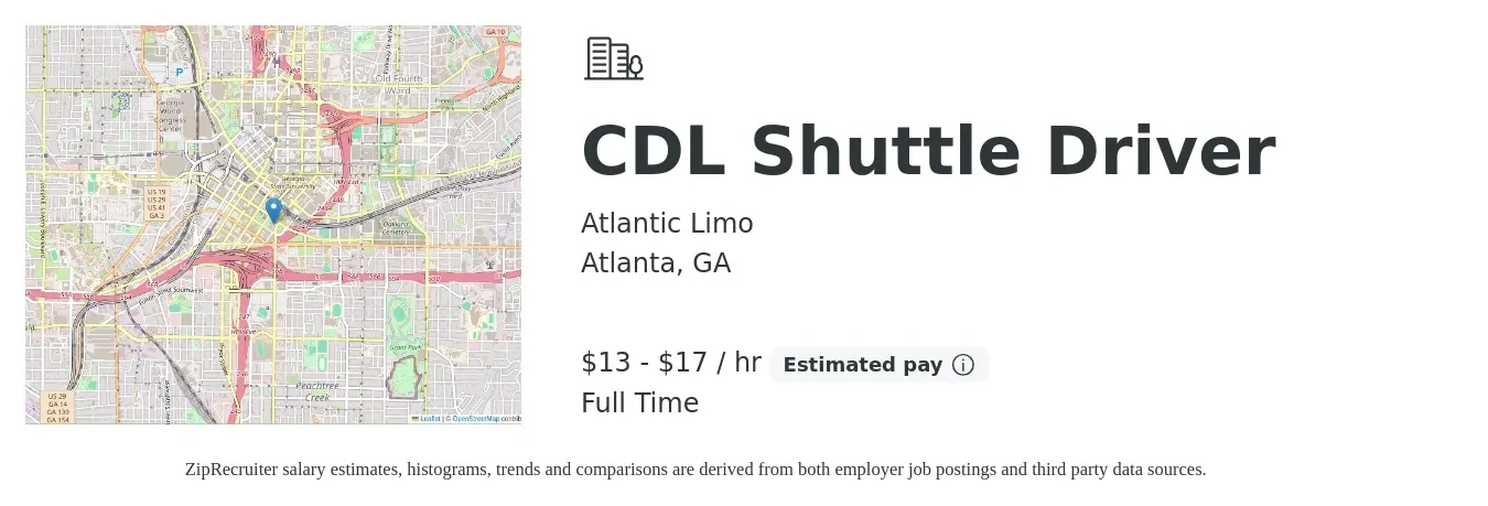 Atlantic Limo job posting for a CDL Shuttle Driver in Atlanta, GA with a salary of $14 to $18 Hourly with a map of Atlanta location.