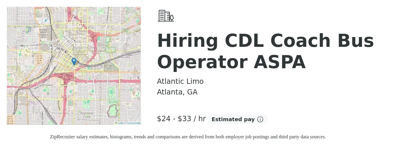 Atlantic Limo job posting for a Hiring CDL Coach Bus Operator ASPA in Atlanta, GA with a salary of $25 to $35 Hourly with a map of Atlanta location.