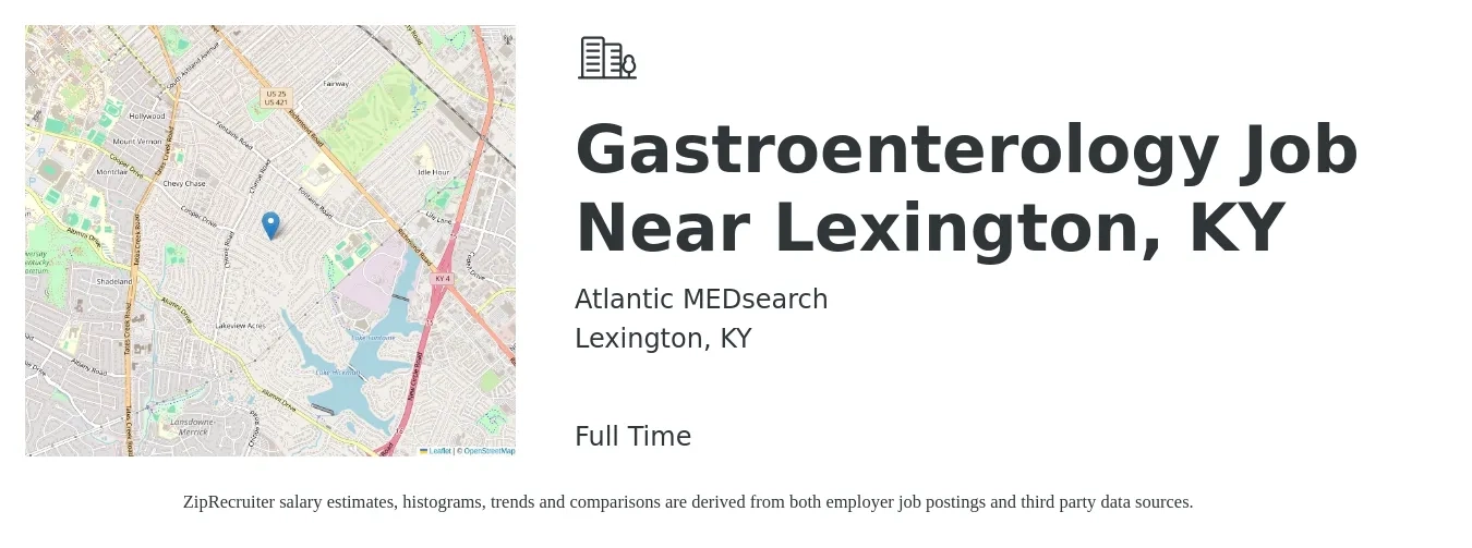 Atlantic MEDsearch job posting for a Gastroenterology Job Near Lexington, KY in Lexington, KY with a salary of $394,200 Yearly with a map of Lexington location.