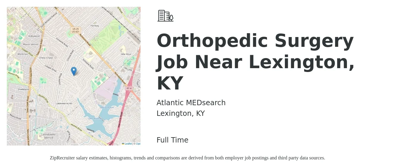 Atlantic MEDsearch job posting for a Orthopedic Surgery Job Near Lexington, KY in Lexington, KY with a salary of $318,300 to $344,900 Yearly with a map of Lexington location.