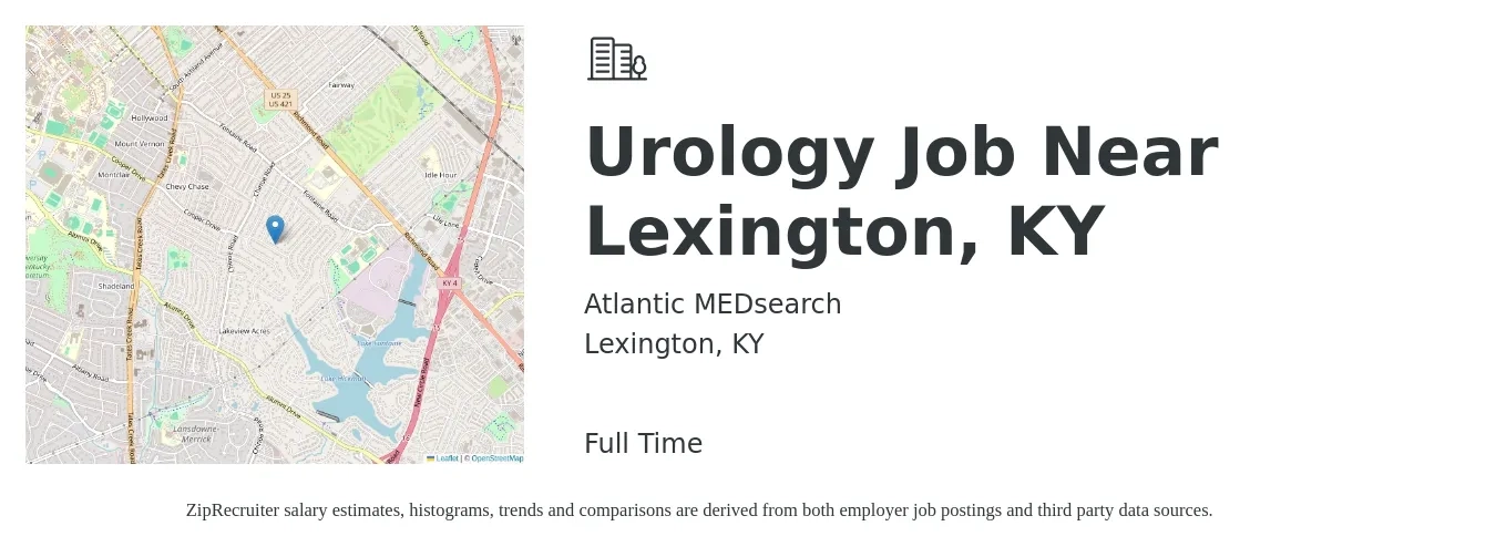 Atlantic MEDsearch job posting for a Urology Job Near Lexington, KY in Lexington, KY with a salary of $368,600 to $394,200 Yearly with a map of Lexington location.
