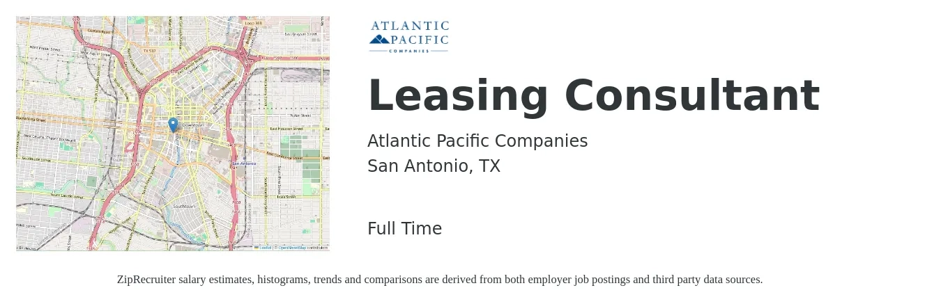 Atlantic Pacific Companies job posting for a Leasing Consultant in San Antonio, TX with a salary of $14 to $17 Hourly with a map of San Antonio location.