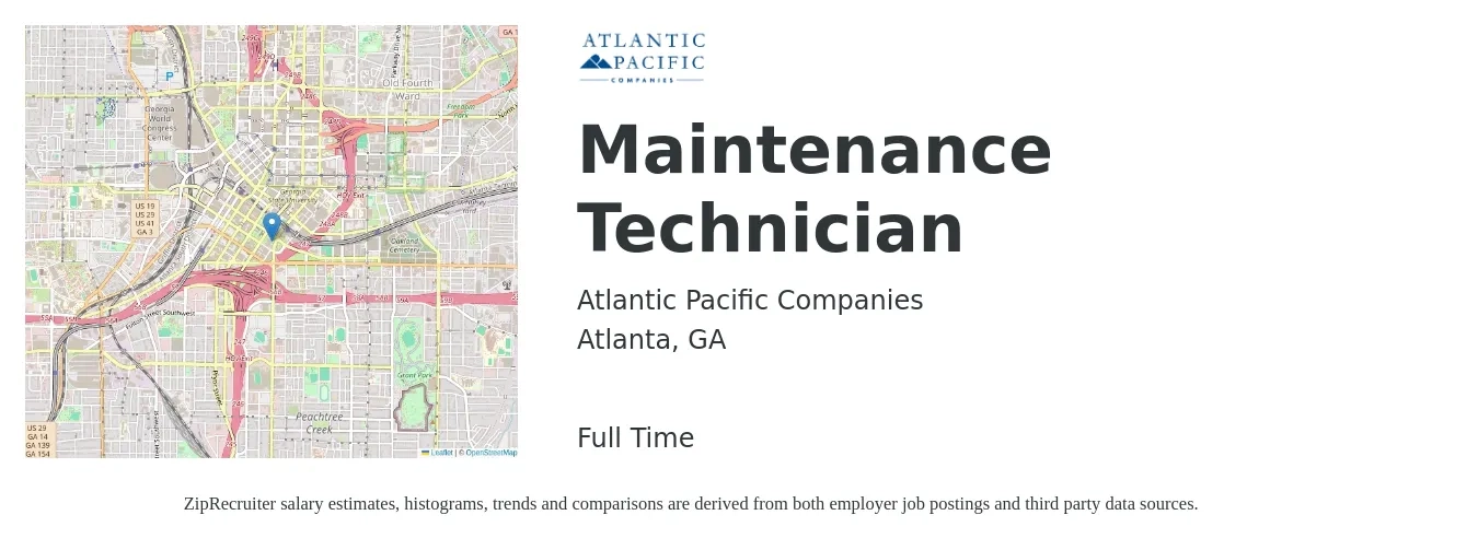 Atlantic Pacific Companies job posting for a Maintenance Technician in Atlanta, GA with a salary of $18 to $26 Hourly with a map of Atlanta location.