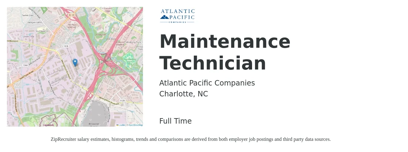 Atlantic Pacific Companies job posting for a Maintenance Technician in Charlotte, NC with a salary of $17 to $24 Hourly with a map of Charlotte location.
