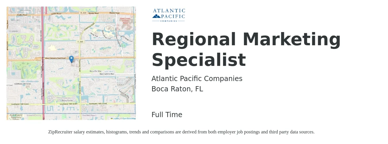 Atlantic Pacific Companies job posting for a Regional Marketing Specialist in Boca Raton, FL with a salary of $44,900 to $66,200 Yearly with a map of Boca Raton location.