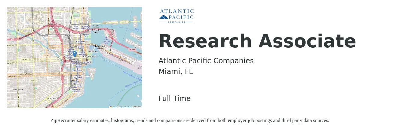 Atlantic Pacific Companies job posting for a Research Associate in Miami, FL with a salary of $26 to $37 Hourly with a map of Miami location.