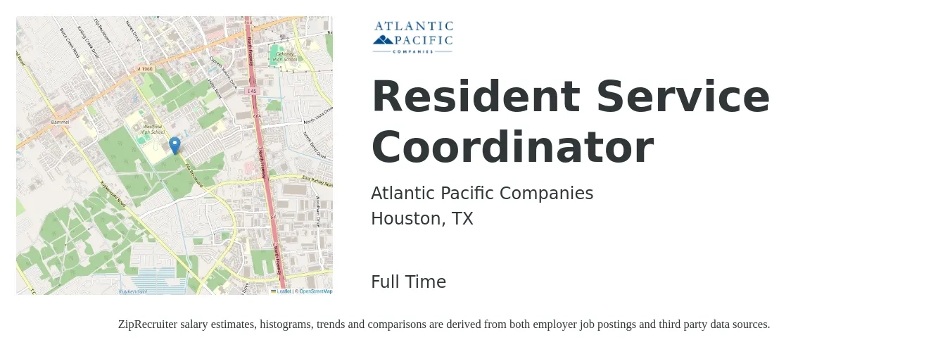 Atlantic Pacific Companies job posting for a Resident Service Coordinator in Houston, TX with a salary of $16 to $21 Hourly with a map of Houston location.