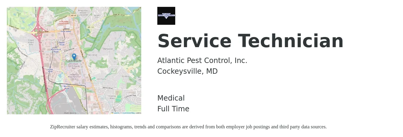Atlantic Pest Control, Inc. job posting for a Service Technician in Cockeysville, MD with a salary of $19 to $26 Hourly and benefits including retirement, medical, and pto with a map of Cockeysville location.