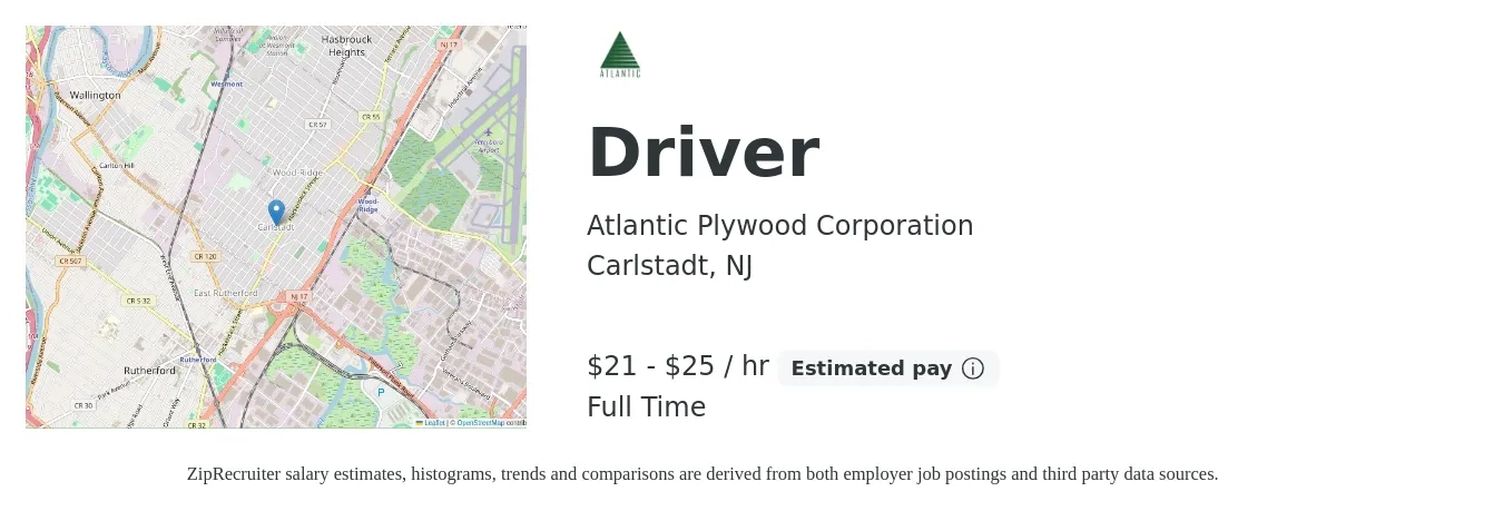 Atlantic Plywood Corporation job posting for a Driver in Carlstadt, NJ with a salary of $22 to $26 Hourly with a map of Carlstadt location.