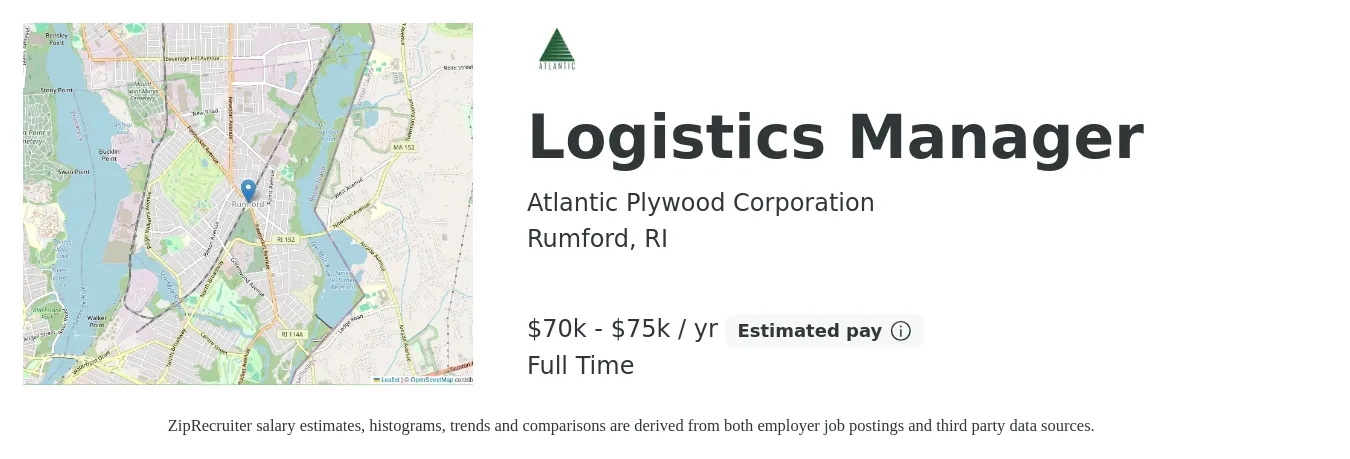 Atlantic Plywood Corporation job posting for a Logistics Manager in Rumford, RI with a salary of $70,000 to $75,000 Yearly with a map of Rumford location.