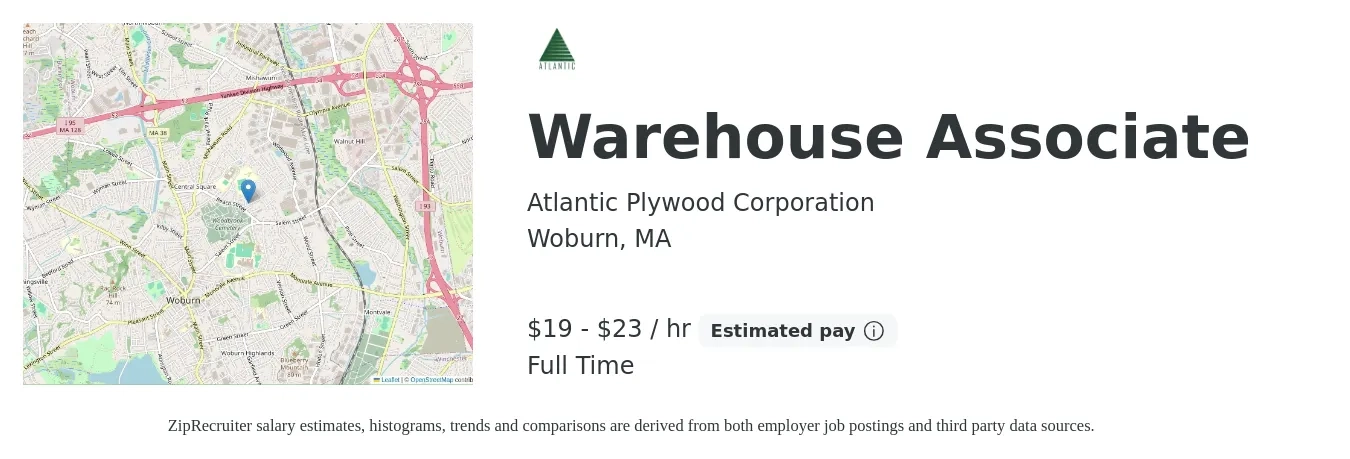 Atlantic Plywood Corporation job posting for a Warehouse Associate in Woburn, MA with a salary of $20 to $24 Hourly with a map of Woburn location.