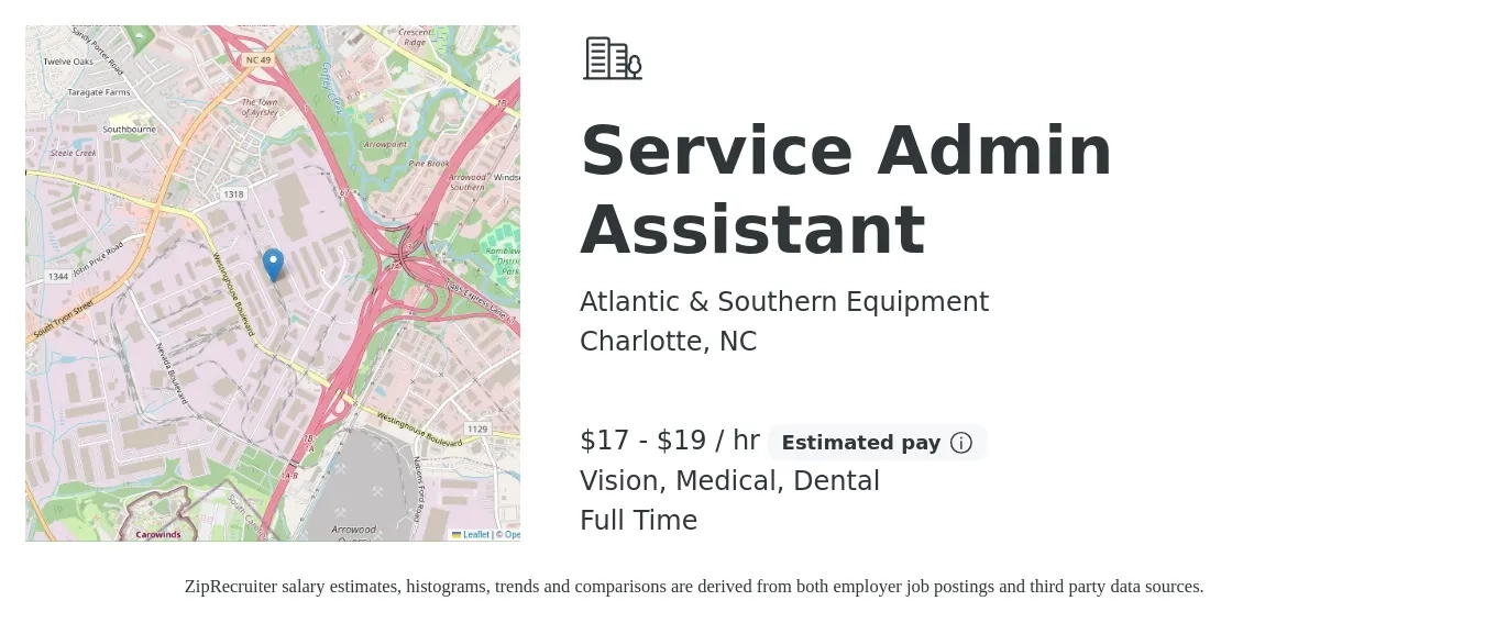 Atlantic & Southern Equipment job posting for a Service Admin Assistant in Charlotte, NC with a salary of $18 to $20 Hourly and benefits including dental, life_insurance, medical, retirement, and vision with a map of Charlotte location.