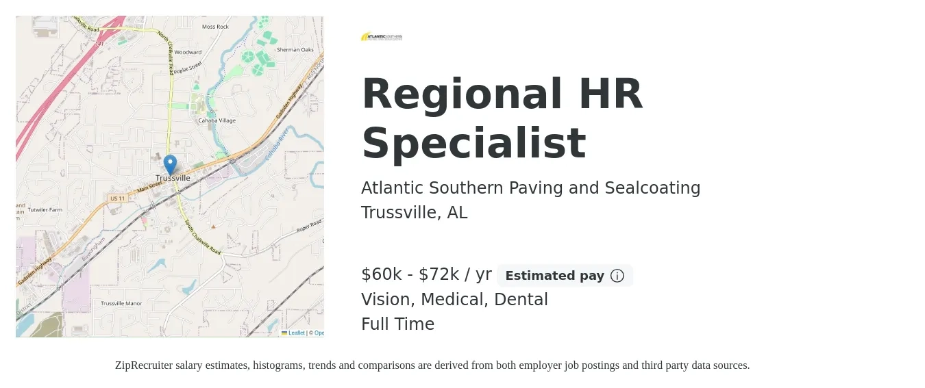 Atlantic Southern Paving and Sealcoating job posting for a Regional HR Specialist in Trussville, AL with a salary of $60,000 to $72,000 Yearly and benefits including dental, life_insurance, medical, pto, retirement, and vision with a map of Trussville location.