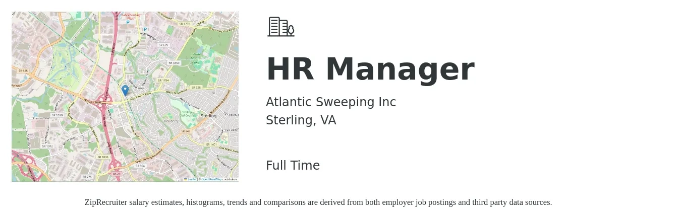 Atlantic Sweeping Inc job posting for a HR Manager in Sterling, VA with a salary of $69,700 to $101,000 Yearly with a map of Sterling location.