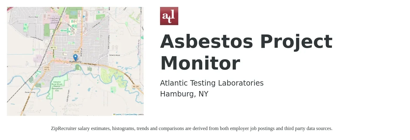 Atlantic Testing Laboratories job posting for a Asbestos Project Monitor in Hamburg, NY with a salary of $18 to $24 Hourly with a map of Hamburg location.