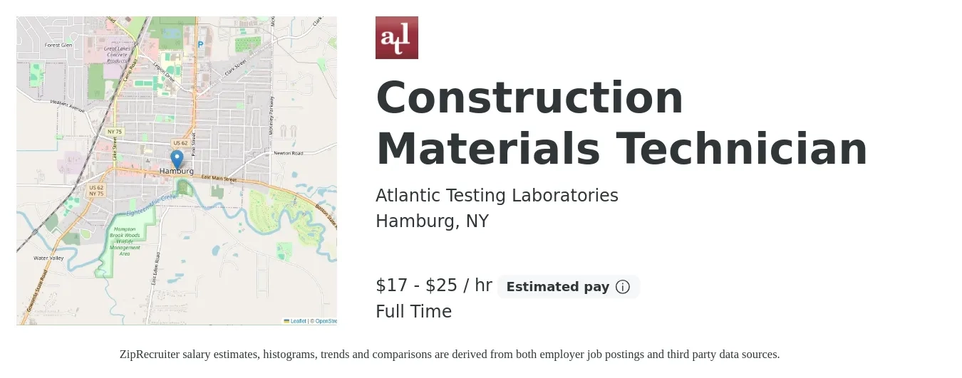 Atlantic Testing Laboratories job posting for a Construction Materials Technician in Hamburg, NY with a salary of $18 to $27 Hourly with a map of Hamburg location.
