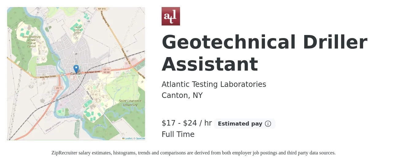 Atlantic Testing Laboratories job posting for a Geotechnical Driller Assistant in Canton, NY with a salary of $18 to $25 Hourly with a map of Canton location.