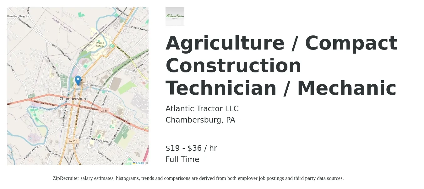 Atlantic Tractor LLC job posting for a Agriculture / Compact Construction Technician / Mechanic in Chambersburg, PA with a salary of $20 to $38 Hourly with a map of Chambersburg location.