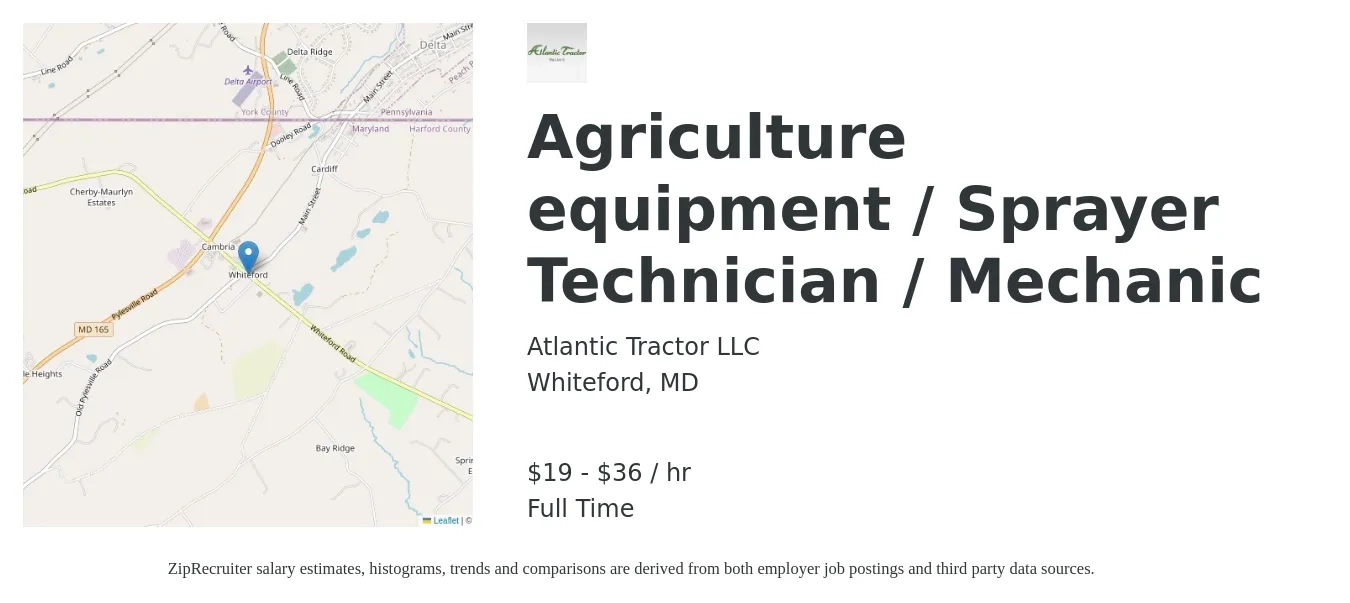 Atlantic Tractor LLC job posting for a Agriculture equipment / Sprayer Technician / Mechanic in Whiteford, MD with a salary of $20 to $38 Hourly with a map of Whiteford location.