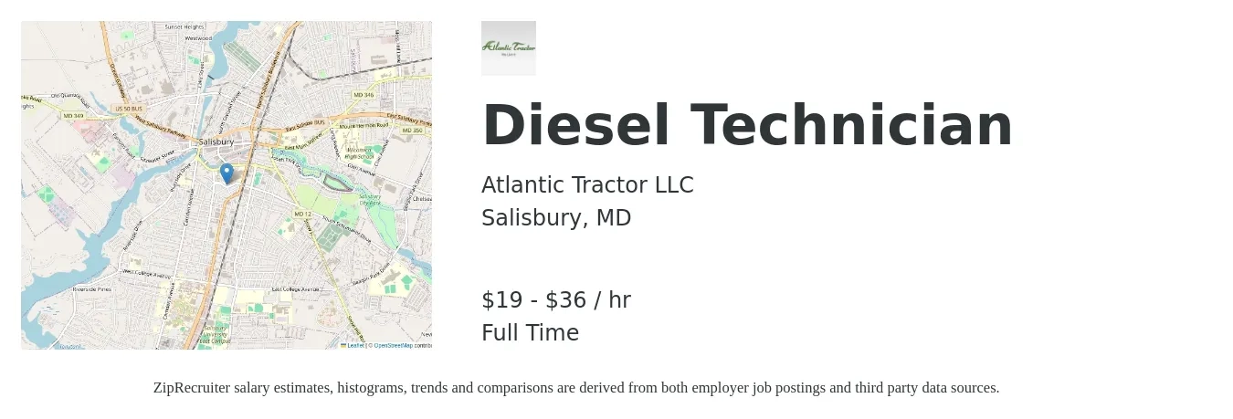 Atlantic Tractor LLC job posting for a Diesel Technician in Salisbury, MD with a salary of $20 to $38 Hourly with a map of Salisbury location.