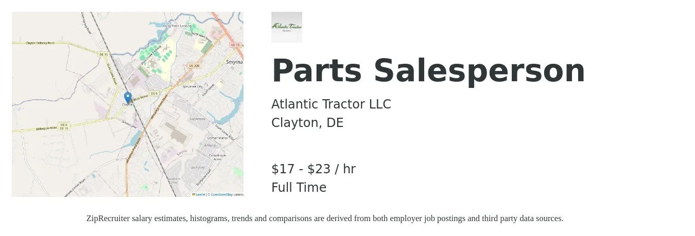 Atlantic Tractor LLC job posting for a Parts Salesperson in Clayton, DE with a salary of $18 to $24 Hourly with a map of Clayton location.