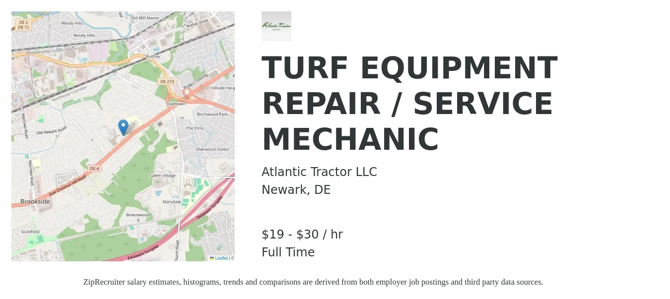 Atlantic Tractor LLC job posting for a TURF EQUIPMENT REPAIR / SERVICE MECHANIC in Newark, DE with a salary of $20 to $32 Hourly with a map of Newark location.