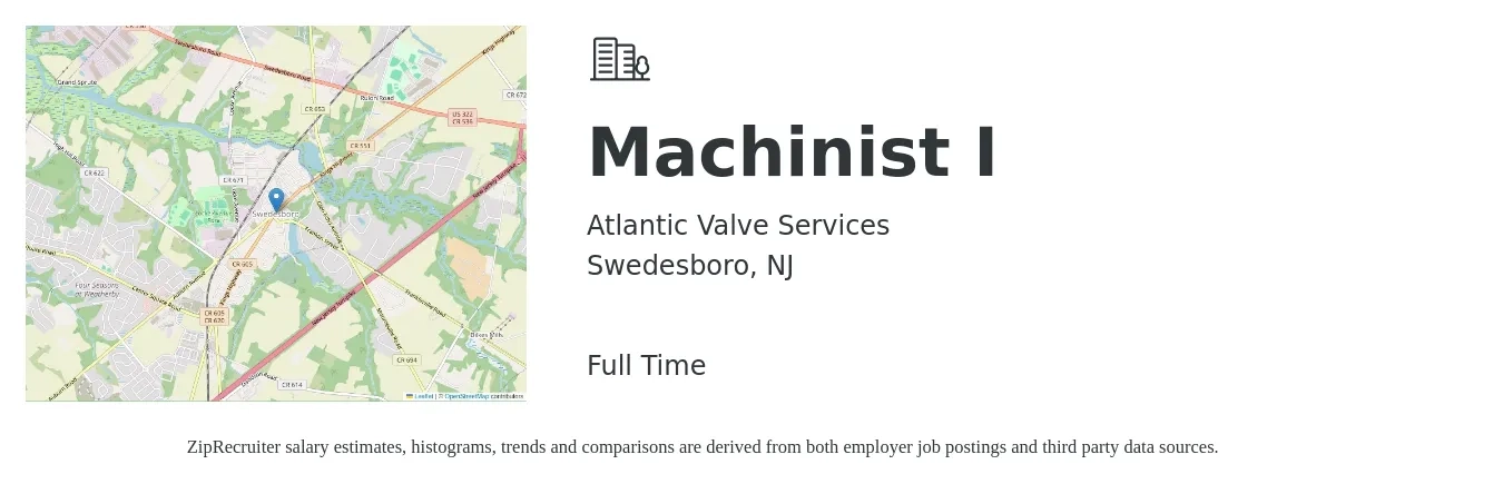 Atlantic Valve Services job posting for a Machinist I in Swedesboro, NJ with a salary of $22 to $29 Hourly with a map of Swedesboro location.