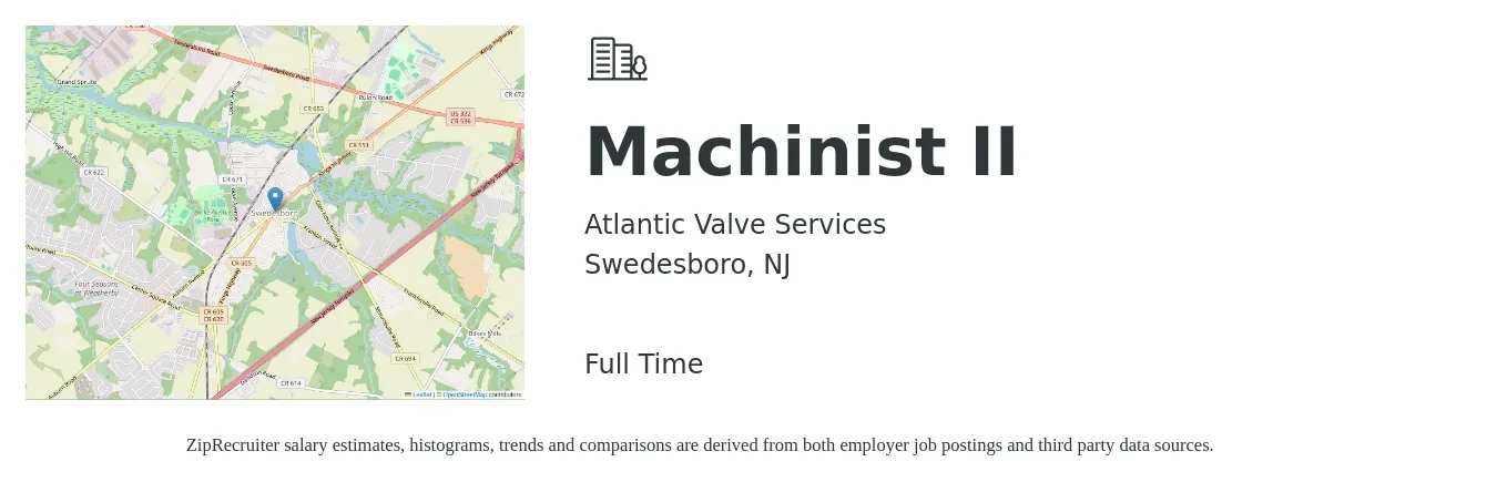 Atlantic Valve Services job posting for a Machinist II in Swedesboro, NJ with a salary of $22 to $29 Hourly with a map of Swedesboro location.