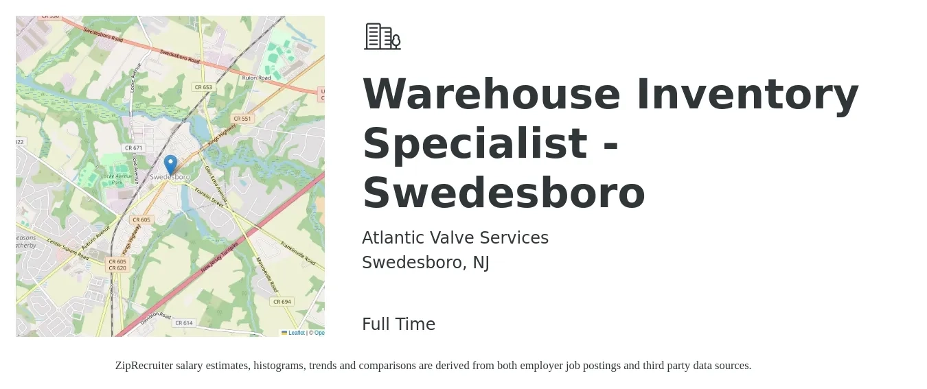 Atlantic Valve Services job posting for a Warehouse Inventory Specialist - Swedesboro in Swedesboro, NJ with a salary of $18 to $22 Hourly with a map of Swedesboro location.