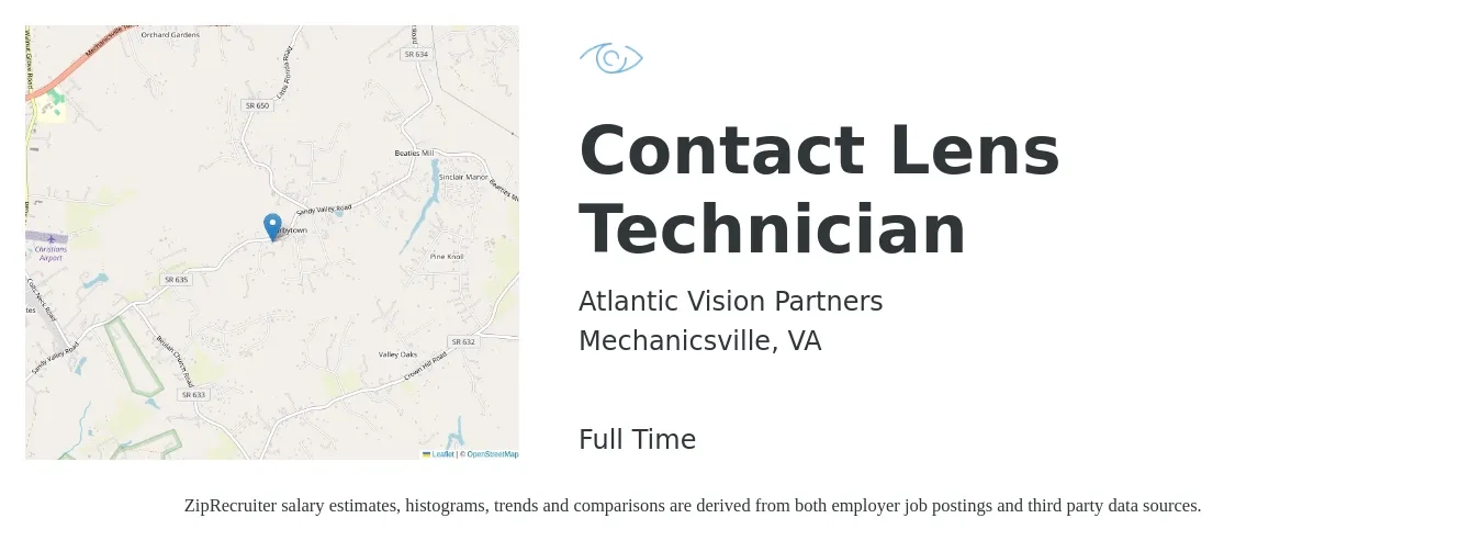 Atlantic Vision Partners job posting for a Contact Lens Technician in Mechanicsville, VA with a salary of $16 to $19 Hourly with a map of Mechanicsville location.