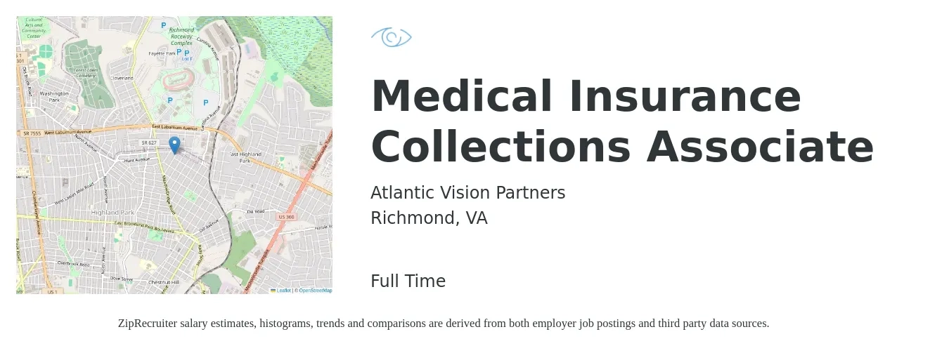 Atlantic Vision Partners job posting for a Medical Insurance Collections Associate in Richmond, VA with a salary of $16 to $20 Hourly with a map of Richmond location.