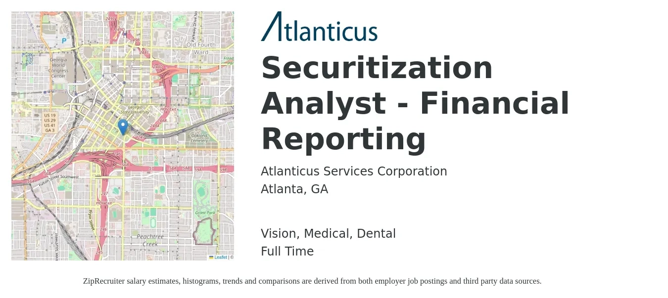 Atlanticus Services Corporation job posting for a Securitization Analyst - Financial Reporting in Atlanta, GA with a salary of $74,000 to $97,100 Yearly and benefits including vision, dental, life_insurance, medical, pto, and retirement with a map of Atlanta location.