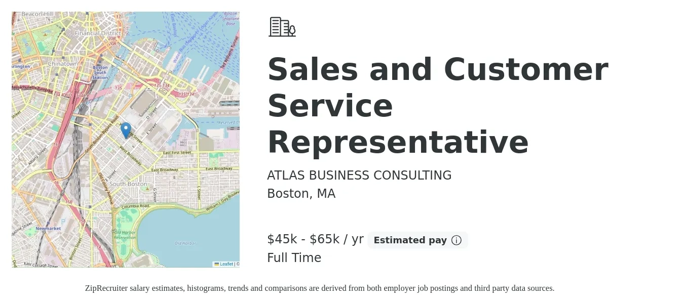 ATLAS BUSINESS CONSULTING job posting for a Sales and Customer Service Representative in Boston, MA with a salary of $45,000 to $65,000 Yearly with a map of Boston location.