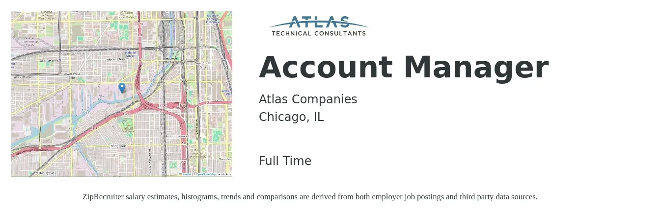 Atlas Companies job posting for a Account Manager in Chicago, IL with a salary of $49,500 to $80,900 Yearly with a map of Chicago location.