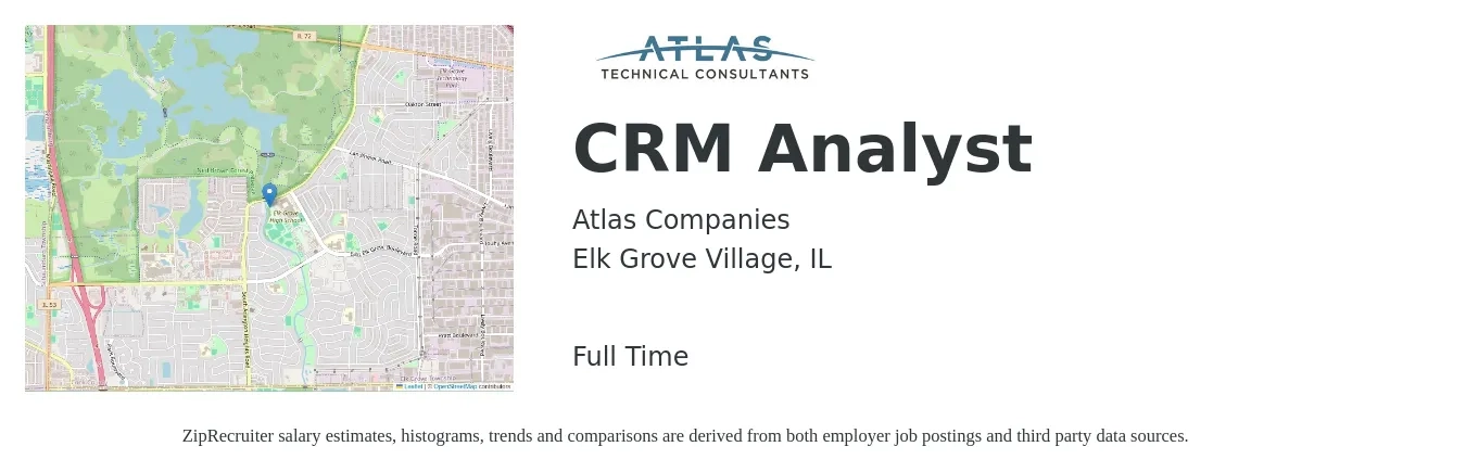 Atlas Companies job posting for a CRM Analyst in Elk Grove Village, IL with a salary of $71,400 to $122,200 Yearly with a map of Elk Grove Village location.